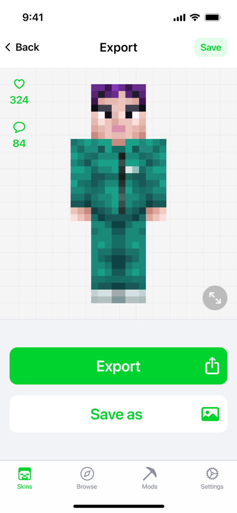 Écran d'exportation de l'application AI Skin Maker montrant un personnage personnalisé en combinaison verte avec des boutons d'enregistrement et d'exportation