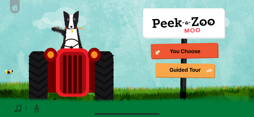 El menú principal de la aplicación Peek-a-Zoo Moo presenta un perro conduciendo un tractor rojo en una granja.