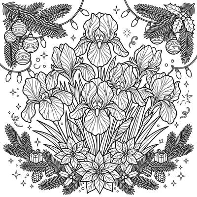 Dive into a unique holiday coloring experience with this intricate design blending the beauty of Louisiana Irises with festive Christmas decorations. It's the perfect page to unwind and celebrate the season with a touch of botanical elegance.