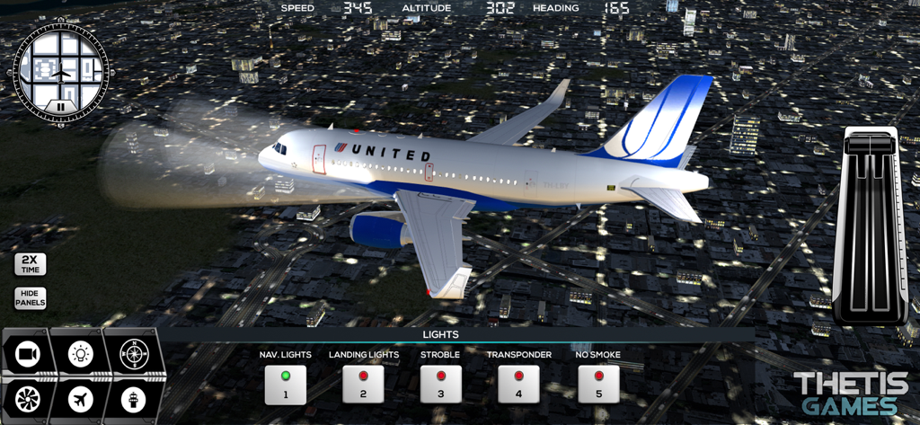 Flight Simulator FlyWings 2017 - United Airlines commercial jet flying over a city at night in Flight Simulator FlyWings 2017 showing detailed cockpit controls and flight indicators