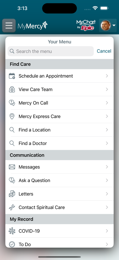 MyMercy - Navigation menu for MyMercy app featuring appointment scheduling and healthcare communication options.