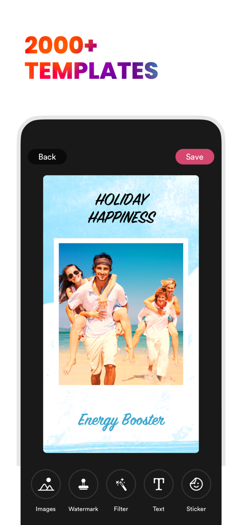 Square Fit: Photo Video Editor - Square Fit app interface showcasing over 2000 templates with a holiday photo edit and mobile editing tools