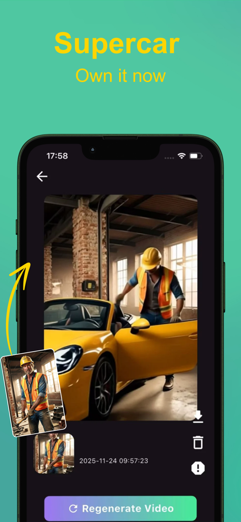 Solara AI app interface showing a photo of a construction worker transformed into a video with a yellow supercar