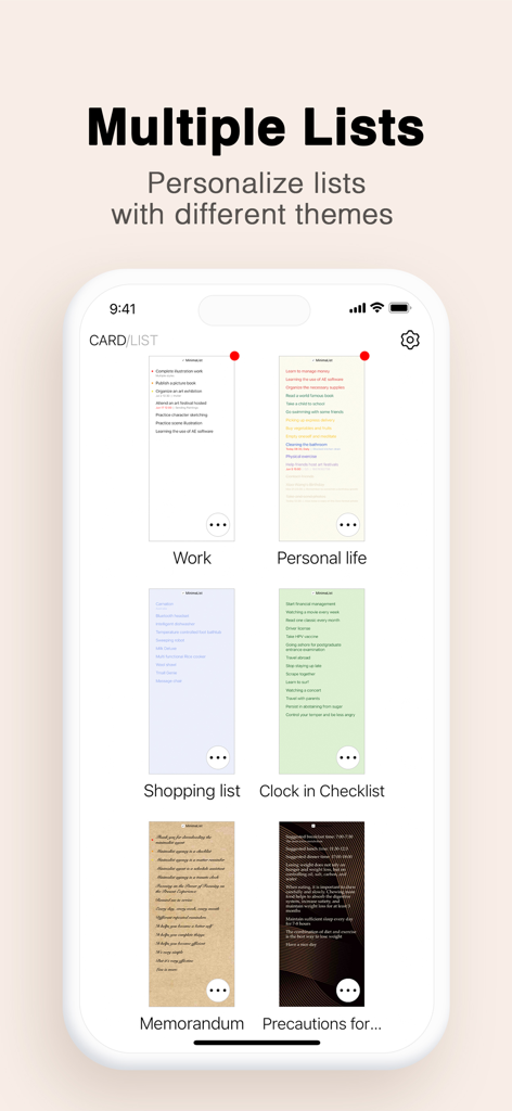 Un'interfaccia mobile che mostra più liste di cose da fare con vari temi estetici e colori.