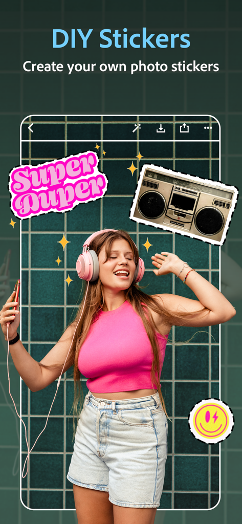 Interfaz de Photoshop Express para crear y añadir pegatinas personalizadas a las fotos.