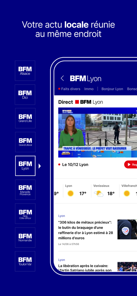 BFM : news, TV, radio en live - Interface da aplicação BFM a mostrar canais de notícias locais e atualizações regionais para Lyon