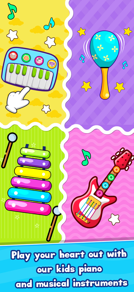 Baby Unicorn Phone For Kids 2+ - Interfaz colorida que muestra un piano de juguete, maracas, xilófono y guitarra para juegos educativos infantiles