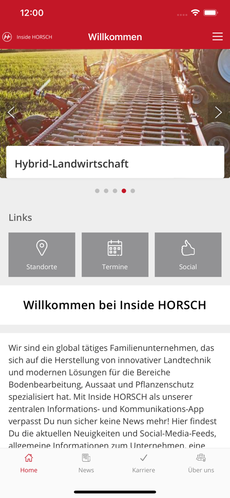 Inside HORSCH - Startbildschirm der Inside HORSCH App mit landwirtschaftlichen Maschinen und Menüsymbolen für Standorte, Veranstaltungen und Karrieren.