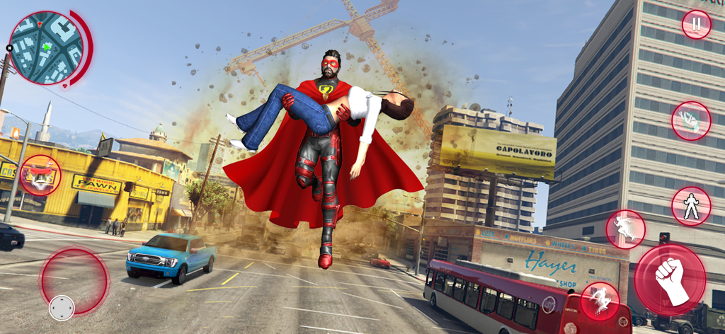 Grand Superhero Spider League - A superhero in a red cape carrying a woman while flying above a city street with explosions in the background