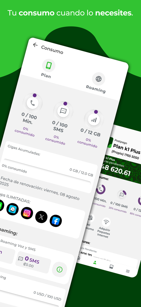 mi kölbi - Interfaz de la aplicación Mi kölbi mostrando el consumo del plan móvil para minutos, SMS y uso de datos