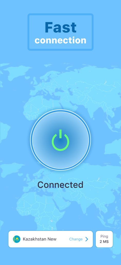 Interface of VPN Kazakhstan app showing a successful server connection with low ping
