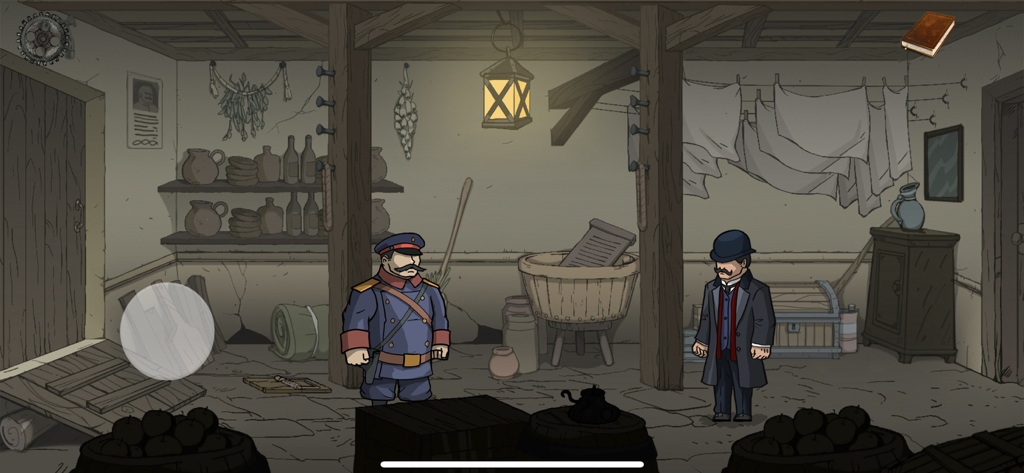 Una escena del juego histórico Contraespionaje que muestra a dos personajes en una habitación de la Rusia de 1903