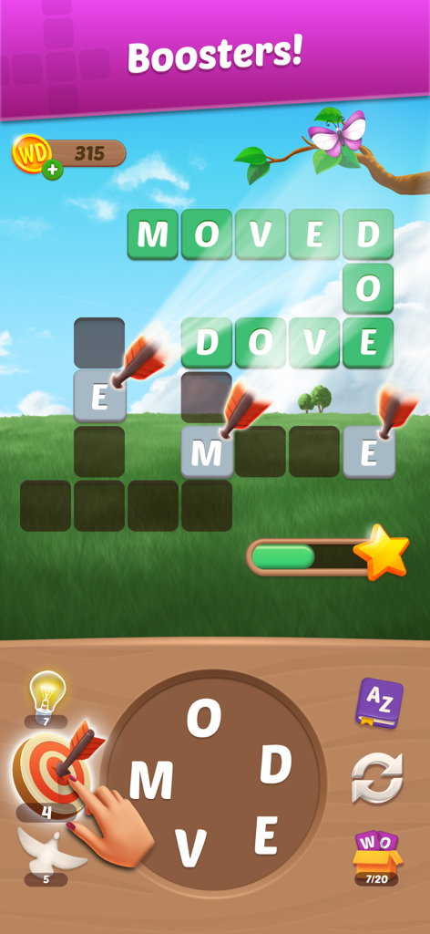 Screenshot di gioco di Wordington che mostra un puzzle di parole e la funzione booster "freccia bersaglio"