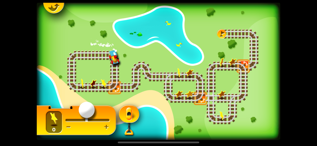 Mini Train for Kids - Educational train game for kids showing track switching logic and star collection in a meadow level