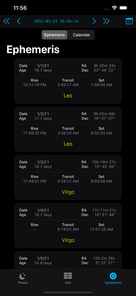 Una pantalla detallada de datos de efemérides lunares que muestra las horas de salida y puesta de la luna con constelaciones del zodíaco.