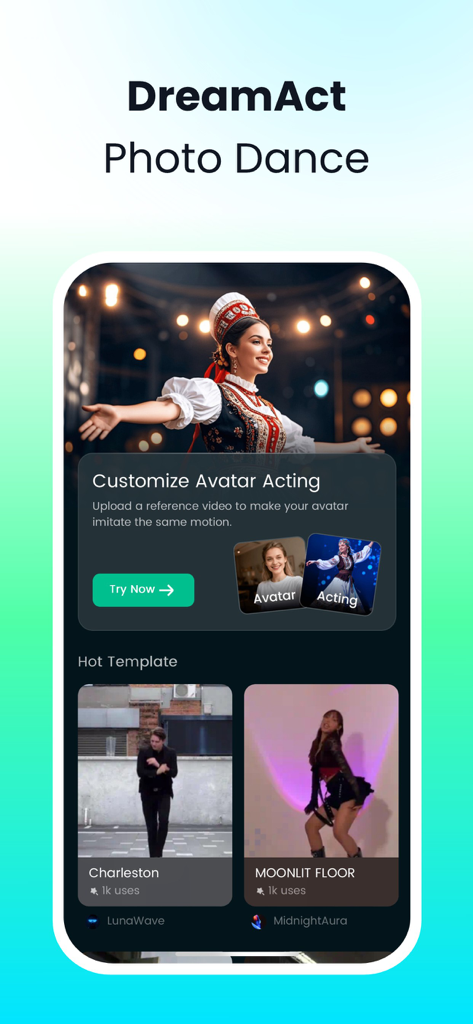 DreamFace: AI Video Generator - DreamFace app screen showing the DreamAct photo dance feature and video templates