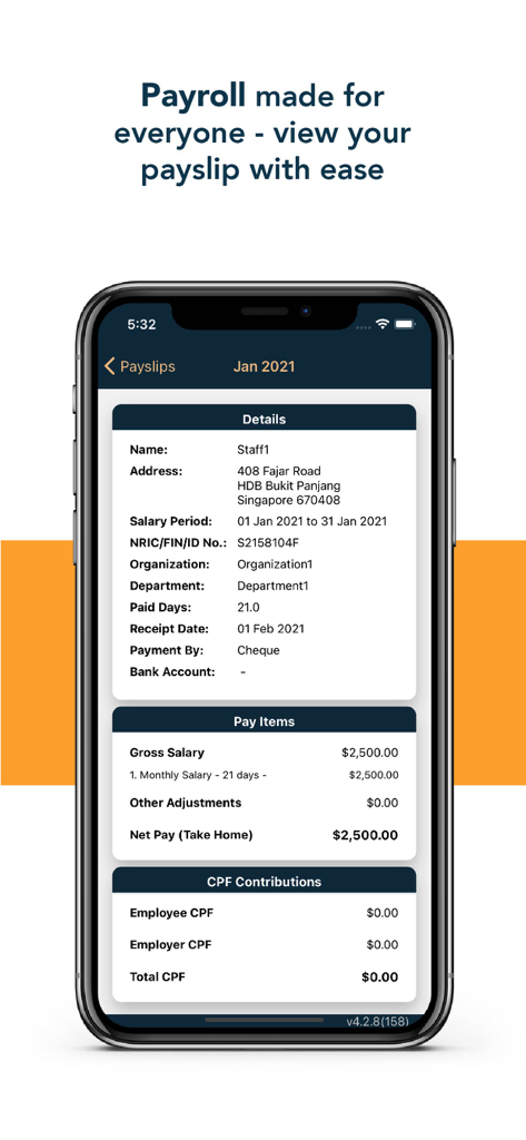Payboy - Die Payboy mobile App-Oberfläche zeigt eine detaillierte monatliche Gehaltsabrechnung für einen Mitarbeiter, die das Bruttogehalt und das Netto-Einkommen zeigt.