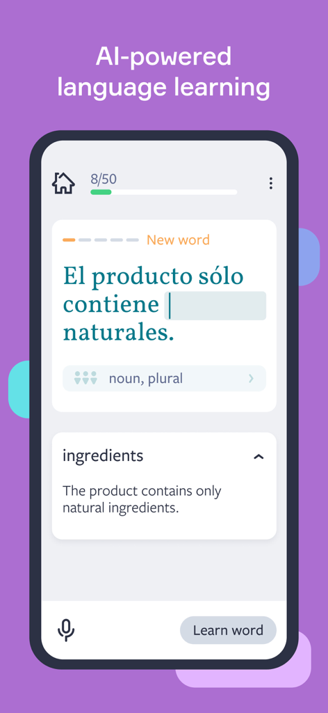 Lingvist: Learn Languages Fast - Lingvist-App-Oberfläche, die eine spanische Satzvervollständigungsübung zum Aufbau von Wortschatz zeigt
