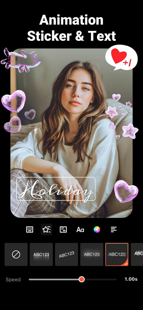 A woman portrait being edited with heart stickers and holiday text in VideoShow app