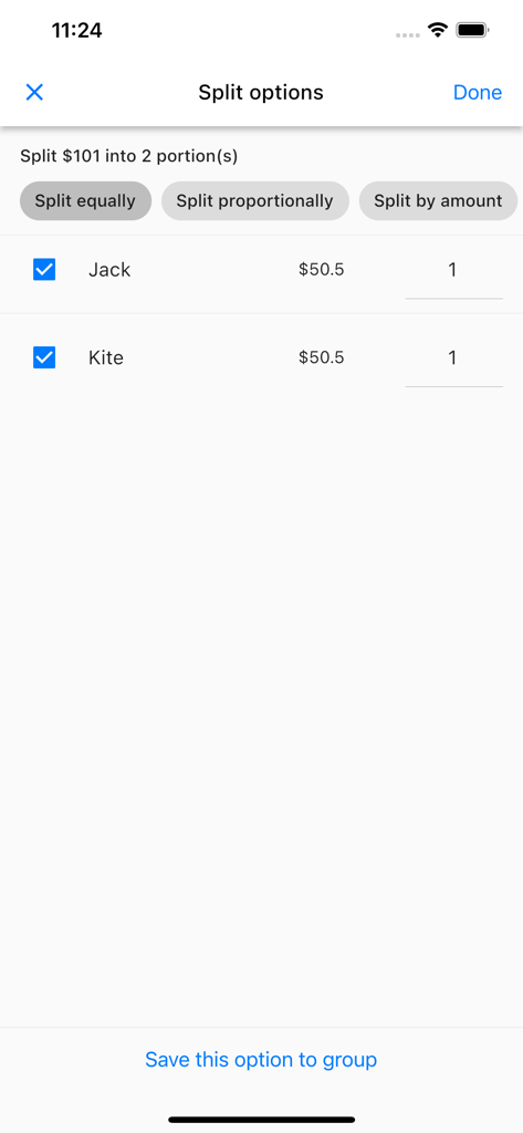 Split Bills With Friends - Interface of the Split Bills With Friends app showing options for splitting a bill equally between two people