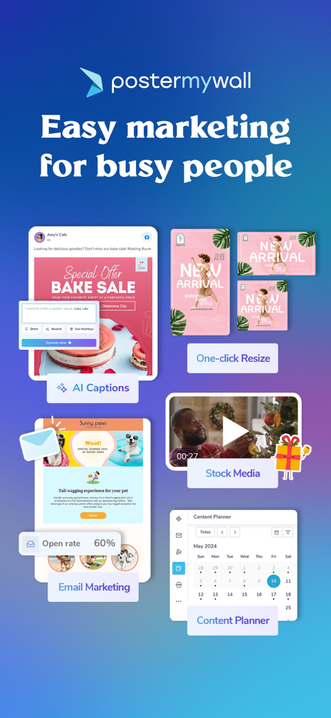 PosterMyWall: Design & Promote - An overview of PosterMyWall features including AI captions, one-click resize, email marketing, and a content planner.