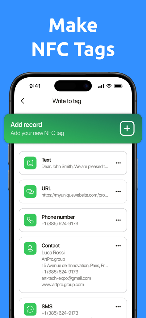 NFC Reader & Scannerㅤ - Pantalla de smartphone que muestra la interfaz de escritura en etiqueta de la aplicación NFCScan con opciones para añadir texto, URL y registros de contacto