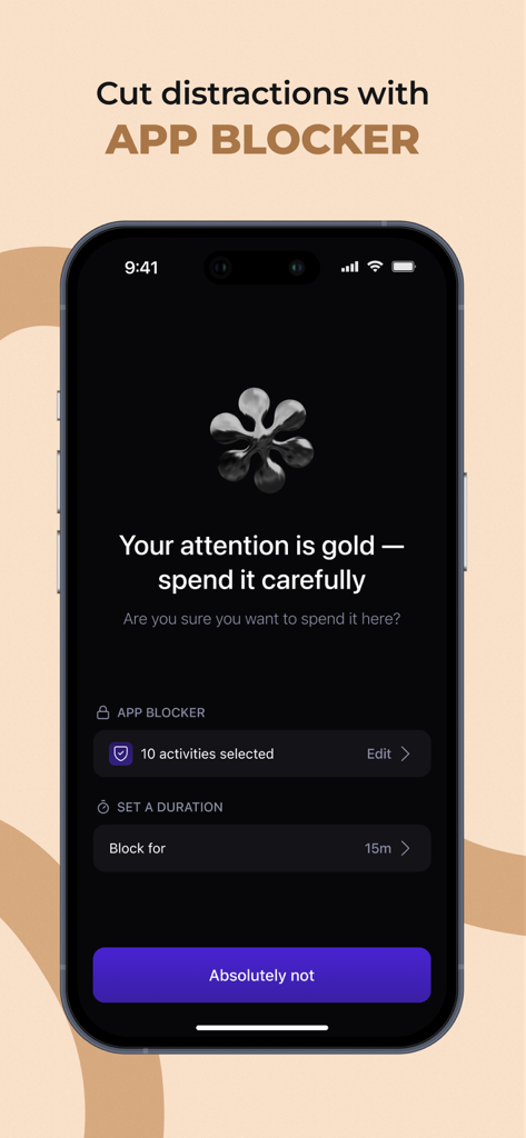 Wisey: Your Productive Self - A smartphone displaying the Wisey app blocker interface with options to block distracting activities for a set duration.