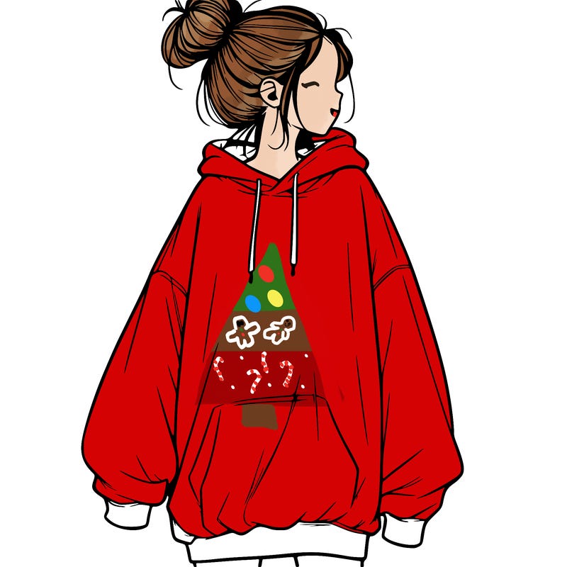 realistic girl with a oversized sweatshirt on and a bun