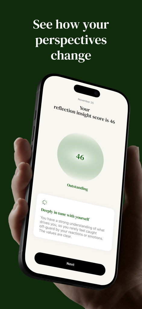 Alter・Daily Philosophy Journal - iPhone screen showing the Alter app's reflection insight score and a self-understanding analysis card