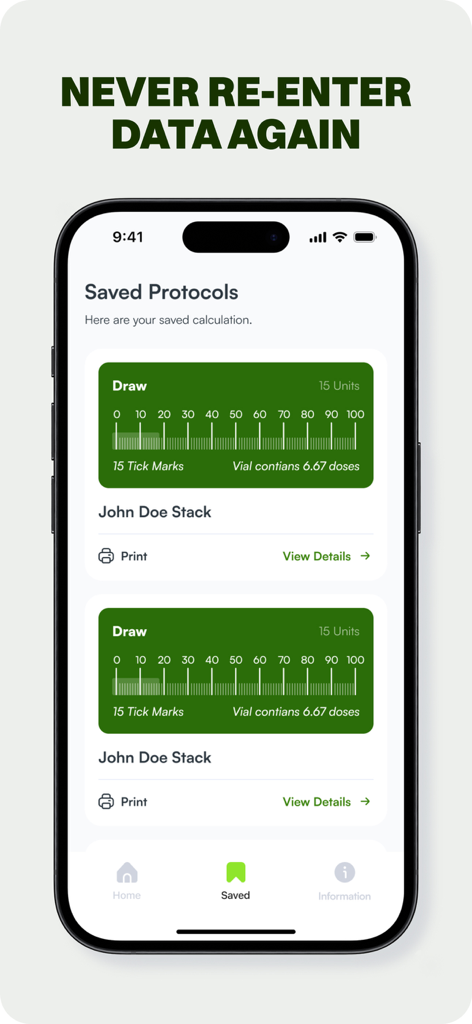 Peptide Calculator App - La pantalla de protocolos guardados de la App Calculadora de Péptidos mostrando cálculos visuales de dosis de jeringa para diferentes combinaciones de péptidos.