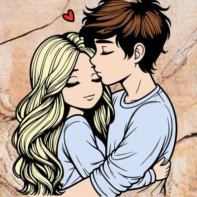 a realistic couple boy and girl hugging and kissing