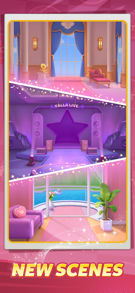 Yalla Match - Vogue Star - Une disposition verticale montrant trois nouveaux environnements de jeu de luxe dans Yalla Match Vogue Star, y compris une grande salle de bal, une scène violette et un salon au bord de la piscine moderne.