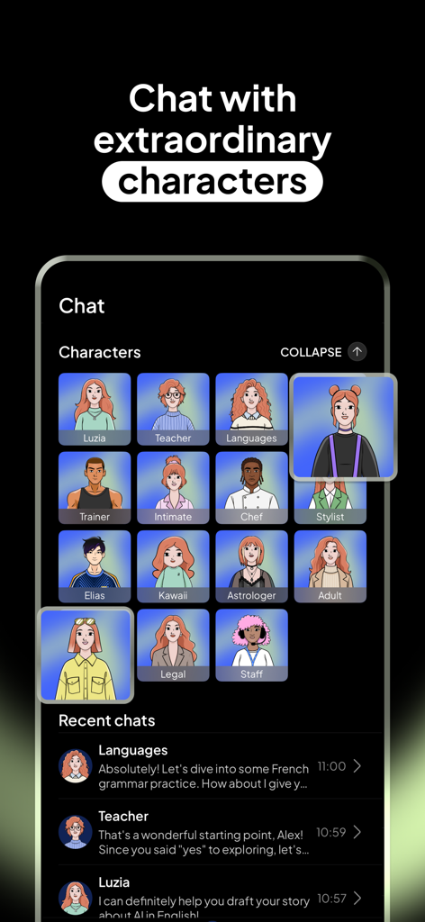 Luzia: Your AI Assistant - A grid of diverse AI character profiles like teacher chef and trainer displayed in the Luzia app chat interface