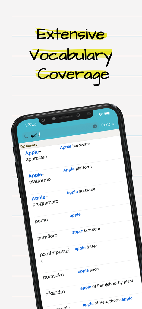 Esperanto English Dictionary - Smartphone screen showing the Esperanto English Dictionary app with extensive vocabulary coverage for the word apple.