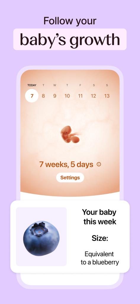 Flo app pregnancy tracker showing baby growth at 7 weeks with a size comparison to a blueberry
