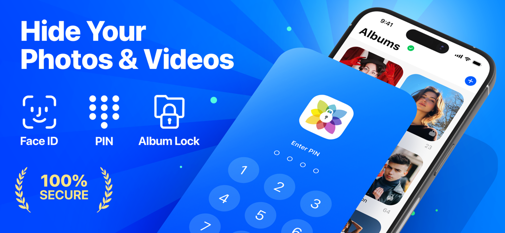 Secret Photo Album - SA - Interfaz de la aplicación Álbum de Fotos Secreto que destaca las funciones de seguridad Face ID, PIN y bloqueo de álbum para ocultar fotos y vídeos.