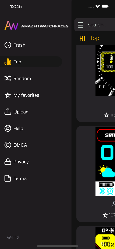 AmazFaces mobile App Seitenmenü mit Navigationsoptionen wie Fresh Top und My favorites