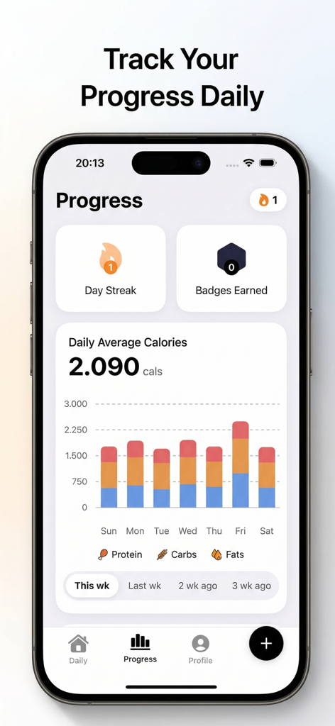 CalAI: Scan & Calorie Tracker - CalAI app progress screen showing daily average calories and macro tracking charts for protein, carbs, and fats
