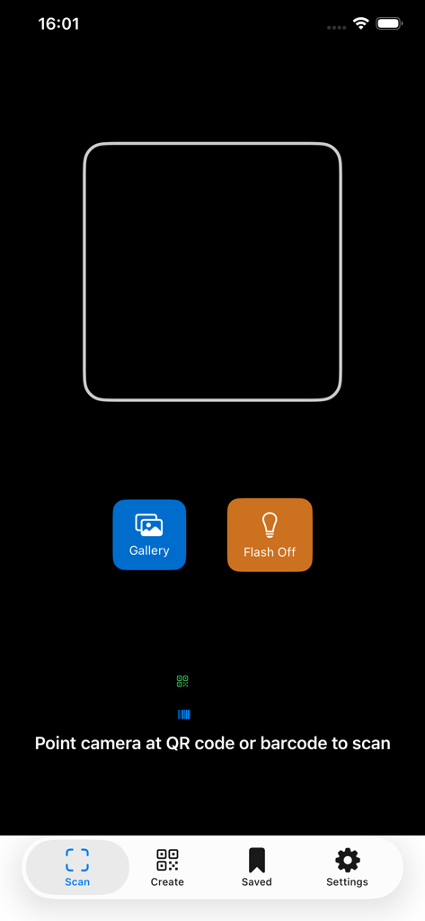카메라 뷰파인더와 탐색 메뉴를 보여주는 QR 및 바코드 리더 앱의 스캔 인터페이스.