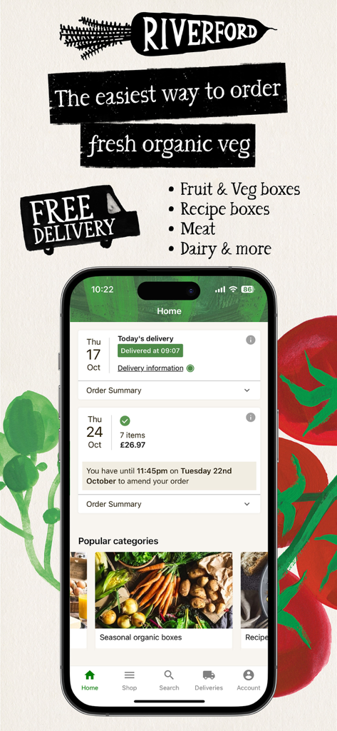 Smartphone screen displaying the Riverford app for organic vegetable delivery and subscription management