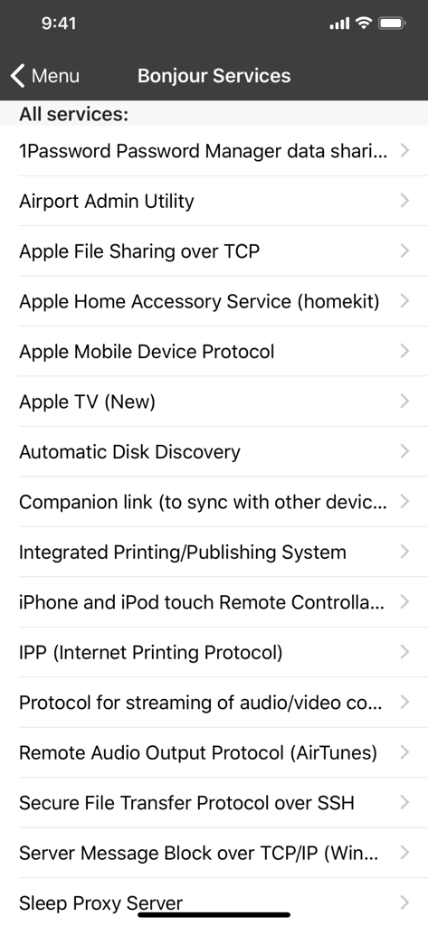 iNet Pro - Network Scanner - List of discovered Bonjour services in the iNet Pro network scanner app showing Apple file sharing and HomeKit entries