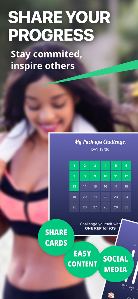 30 Day Fitness Workout at Home - A shareable progress card for a thirty day push up challenge showing thirteen completed days