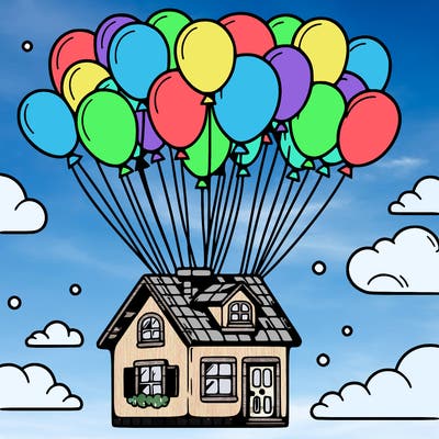 house floating from lots of balloons