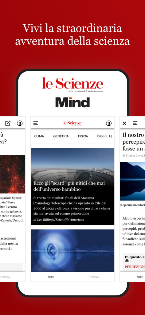 Le Scienze - Oberfläche der wissenschaftlichen Magazin-App Le Scienze und Mind mit verschiedenen Nachrichtenartikeln