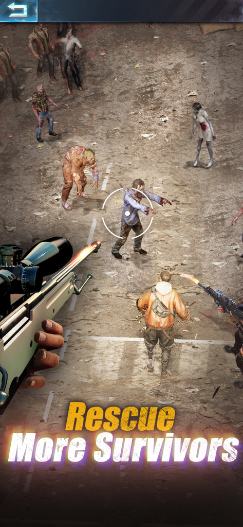 A sniper rifle aiming at zombies in an urban setting with the text rescue more survivors