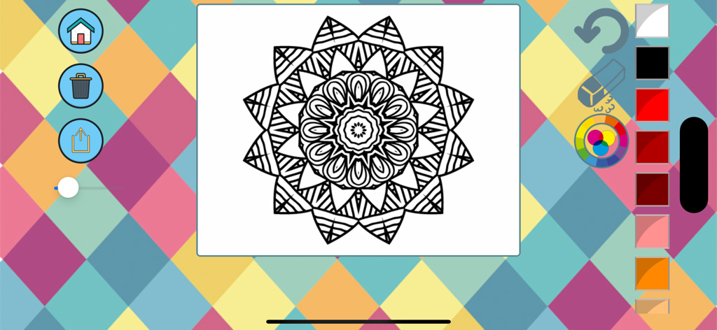 Book of mandalas to paint - Digital interface of a mandala coloring app featuring a black and white design and various painting tools