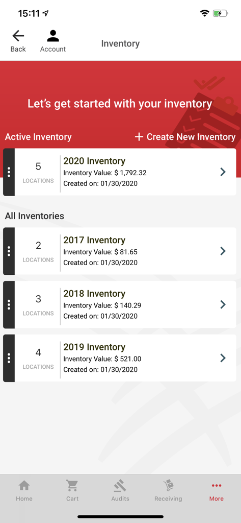 The inventory management dashboard of the Order Express app listing active and archived pharmacy inventory records