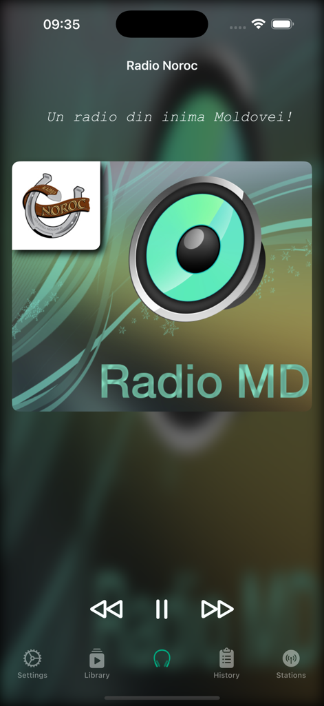 Pantalla del reproductor de la aplicación Radio MD para Radio Noroc