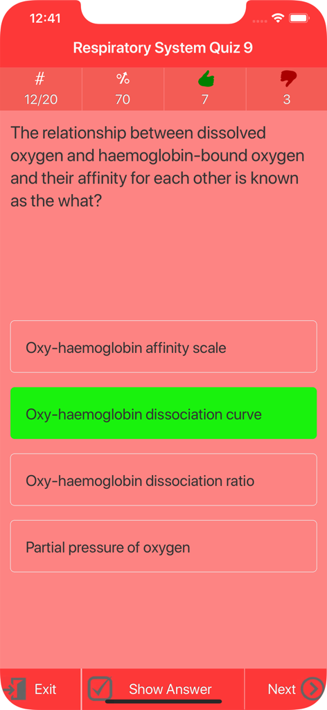 Respiratory System Trivia - Eine Multiple-Choice-Frage zum Atemwegssystem in der App-Quizoberfläche mit der richtigen Antwort, hervorgehoben in Grün.
