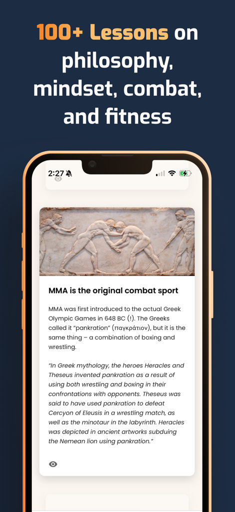 Kimura - BJJ Notes & Sessions - Kimura 앱 화면에 철학, 사고방식, 전투 및 피트니스에 대한 100개 이상의 레슨이 표시됩니다